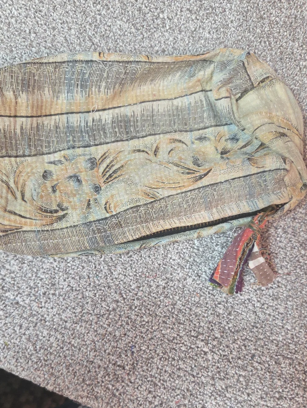 Kantha Boho Zip Pouch in Sage and Tan #84